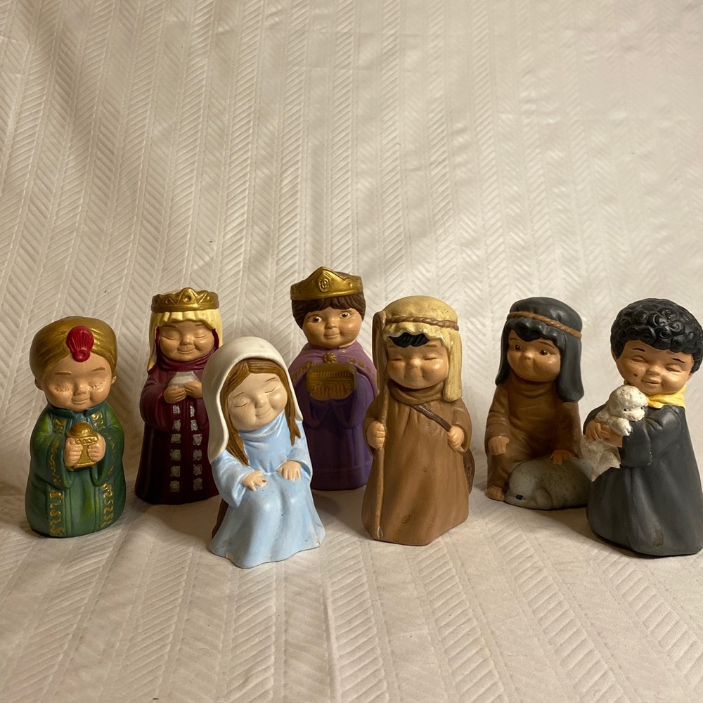Seven piece ceramic nativity set.